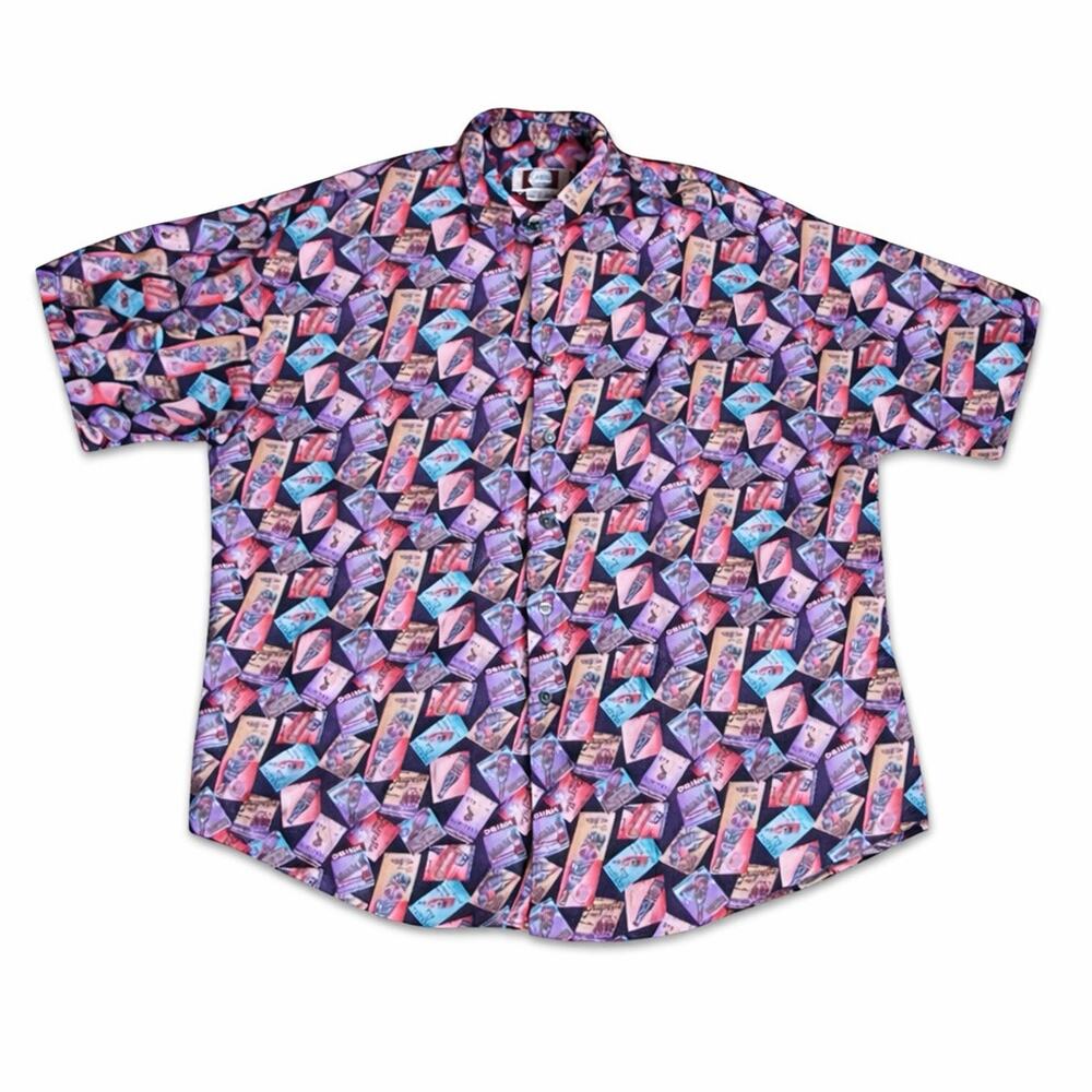 Vintage 90s Chiamare Retro Drink Print Rayon Button Up Shirt Large Novelty Print